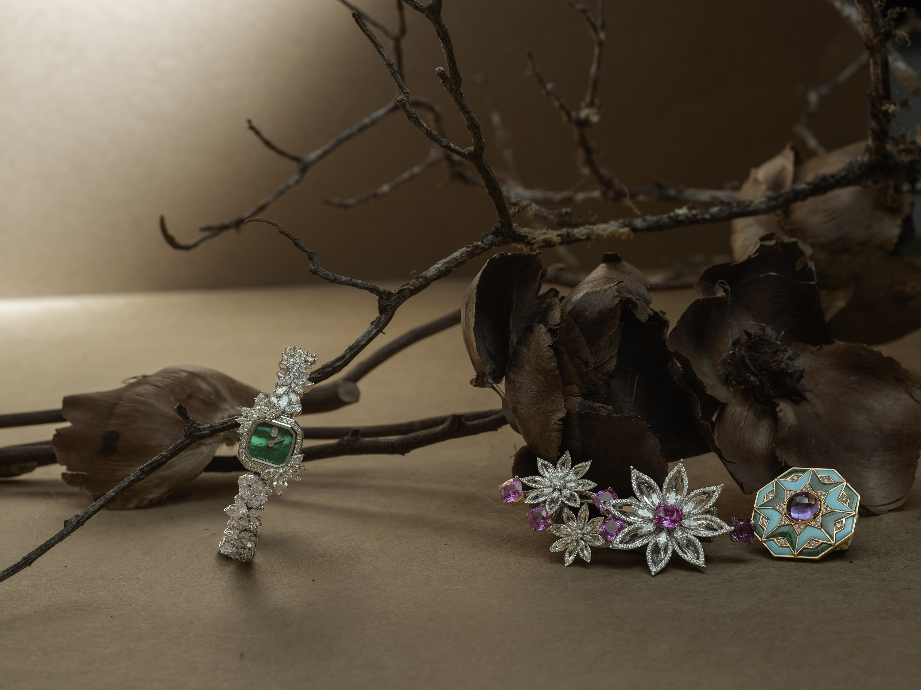 （ 左 ） Harry Winston Precious Emerald by Harry Winston 腕錶，鉑金、石英機芯、鑽石。（ 中 ） Chaumet Star Anise 胸針， 18K 白金、粉色剛玉、鑽石。（ 右 ） Bvlgari Eclettica Cosmati Kaleidoscope 胸針，玫瑰金、綠松石、孔雀石、紫水晶、鑽石。