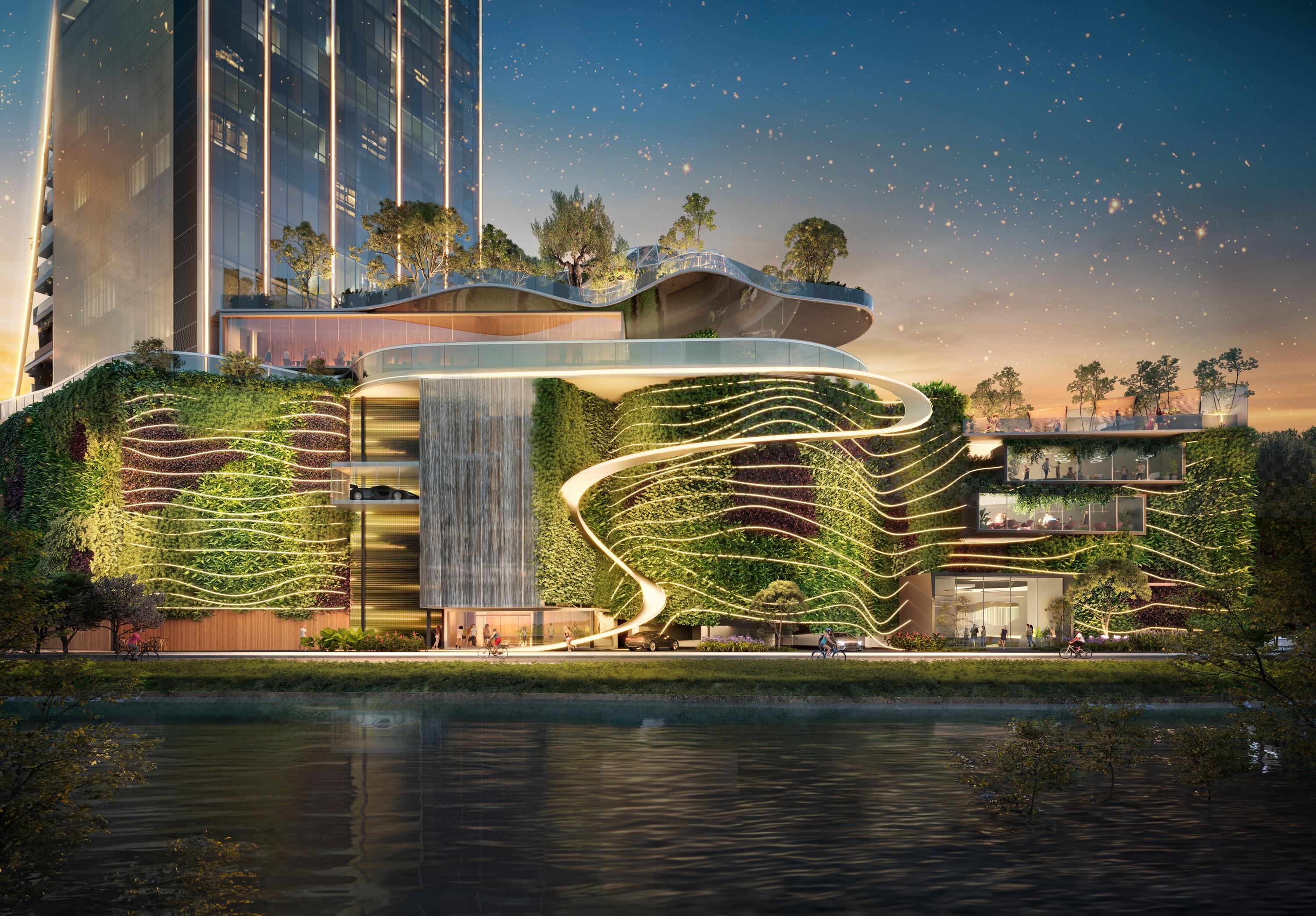 Senna Tower 下方結合有多層次的綠化設計。