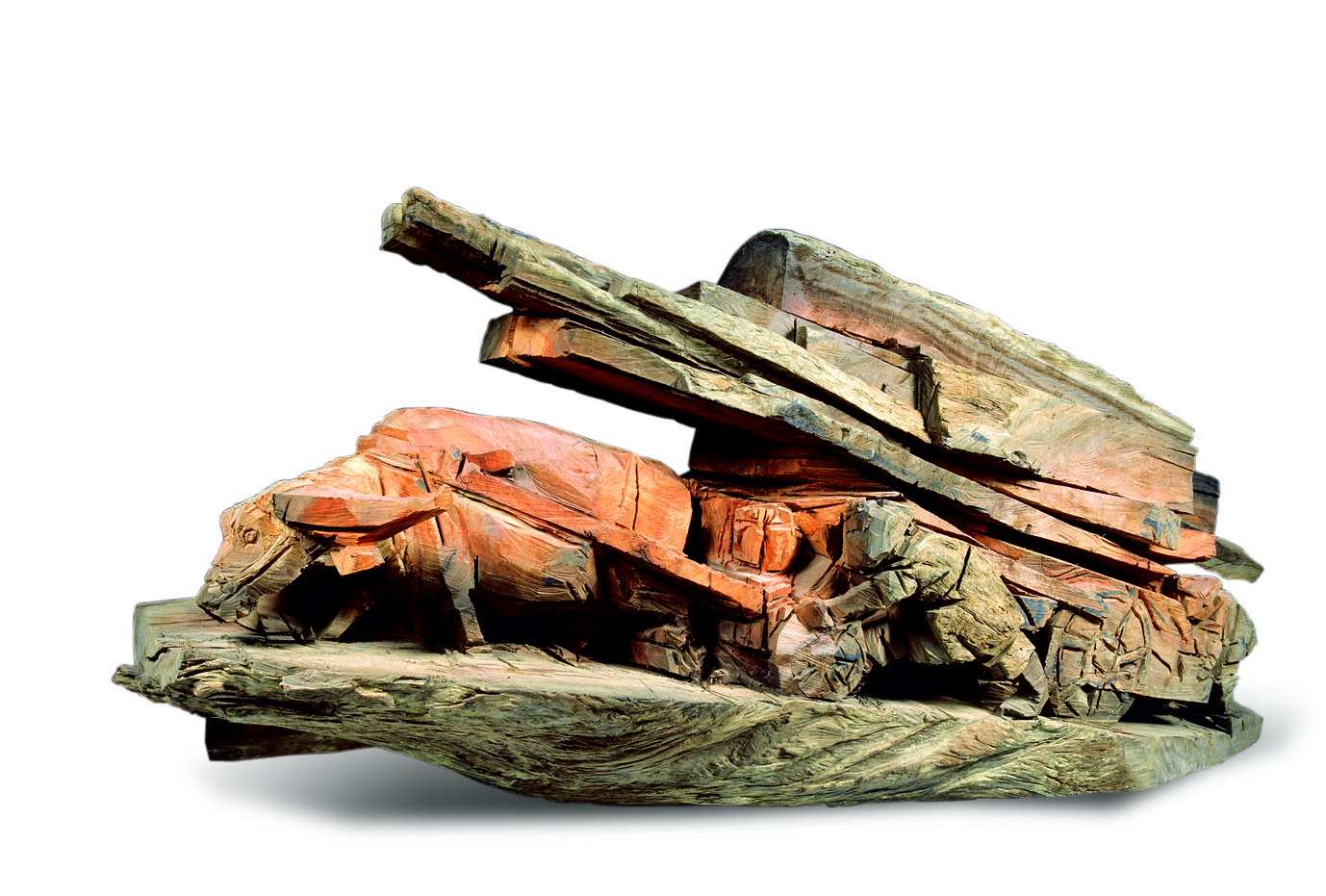 朱铭早期的作品「同心协 力」，被评为当时台湾乡土文化运动的代表之作。图为 1996 年朱铭根据原作重新雕刻的同名作品，朱铭美术馆藏。