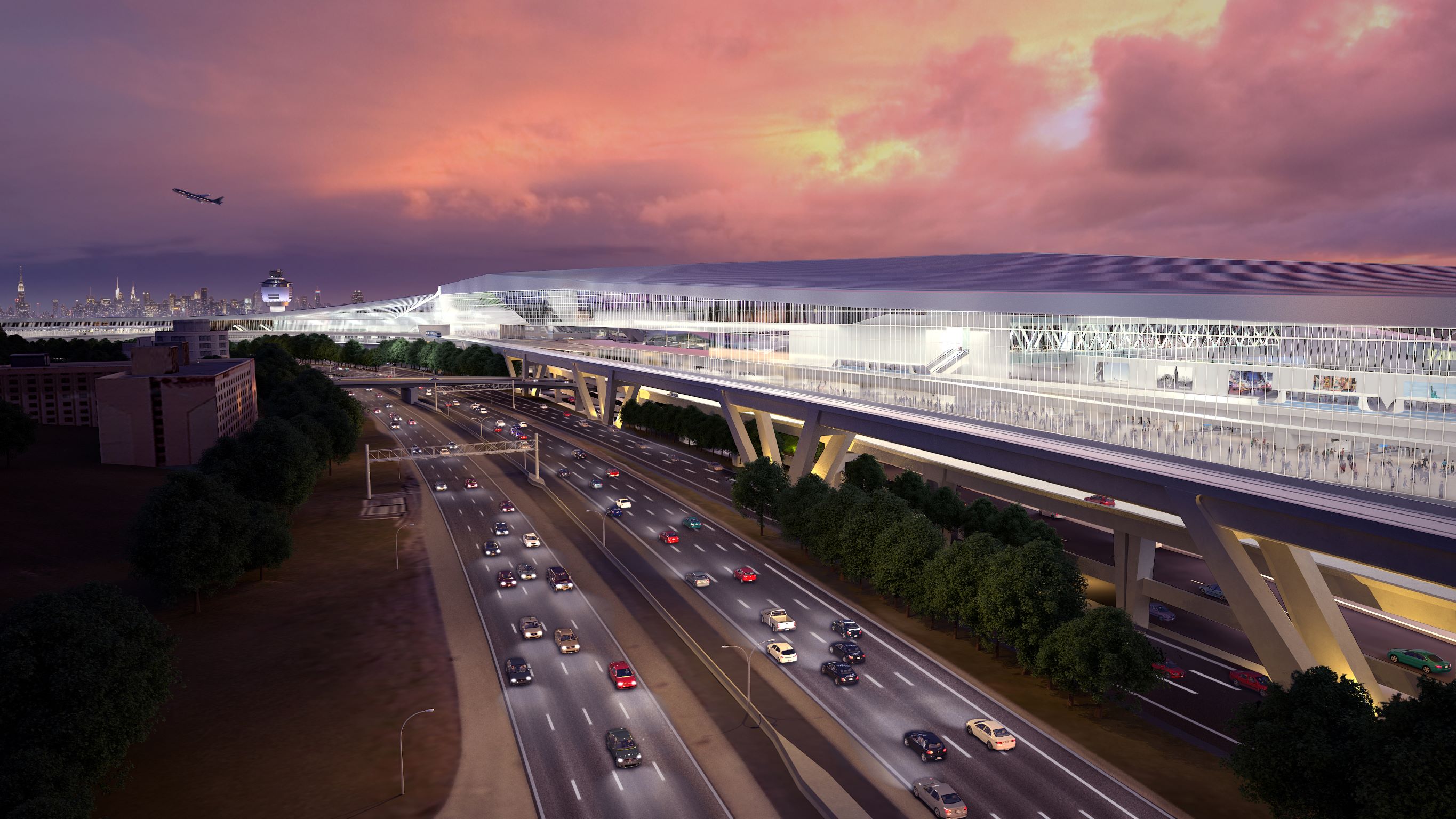 LaGuardia Airport 新站體以流線型設計和玻璃牆幕，與一旁的馬路車流相呼應。