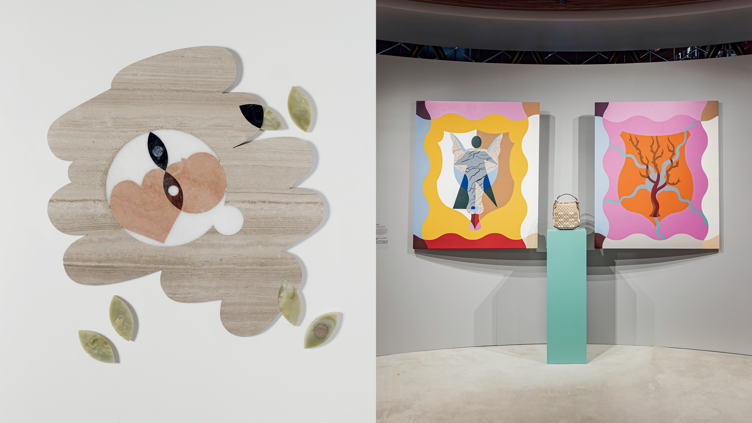 （左）以大理石、石英岩、花崗岩和瑪瑙材質組成的地板雕塑， 彷彿在雨後走過一處水窪時浮現的倒影，看見的是童趣造型的愛心和蘋果，還是回望的雙眸？ Kasper Bosmans 希望 人們以低頭的方式凝視這件作品，往內心深處探索回答。 （右）今年3月為了慶祝香港巴塞爾藝術展（Art Basel）， Delvaux 選址 K11 MUSEA 多維展覽活動空間舉辦獨家藝術展，帶來 Kasper Bosmans 的作品與亞洲藝術愛好者面對面。