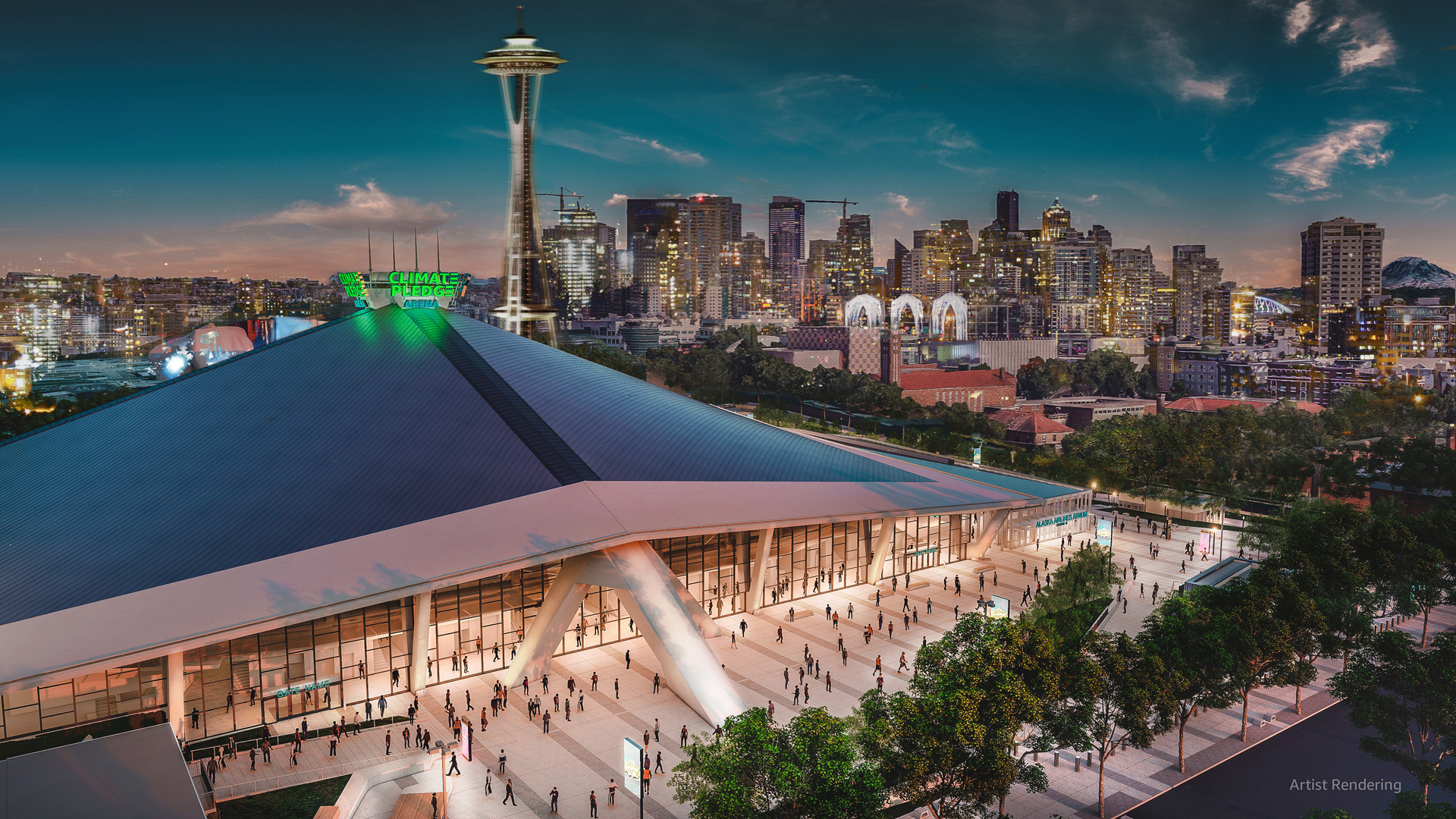 保留下旧场馆屋顶的 Climate Pledge Arena，是全球第一座获得 IFLI 零碳认证的体育馆。 （© Amazon）