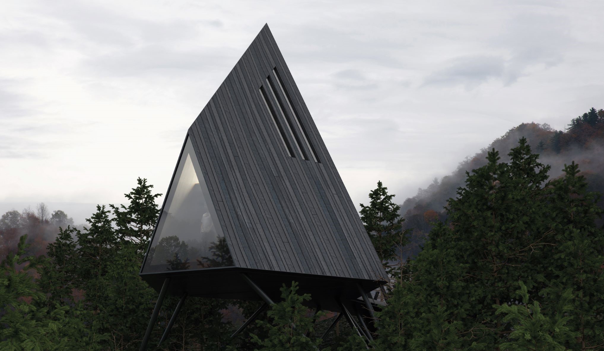 突出于树梢上的 A-F3Treehouse，提供了漂浮山林的住宿体验。