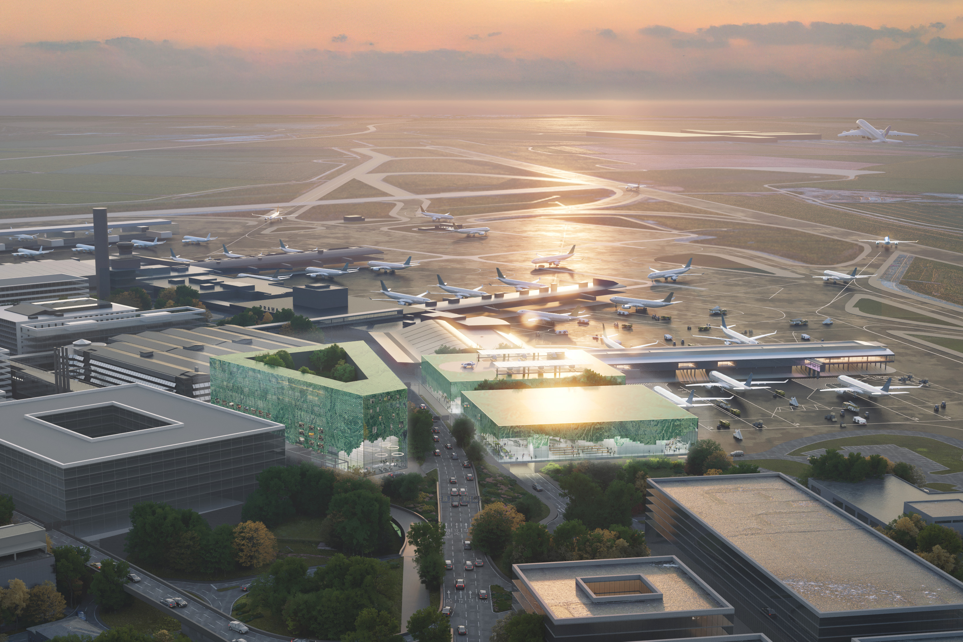 Václav Havel Airport Prague 新航站擴建計畫，共包含一棟五角形建築和兩棟長方形建築。