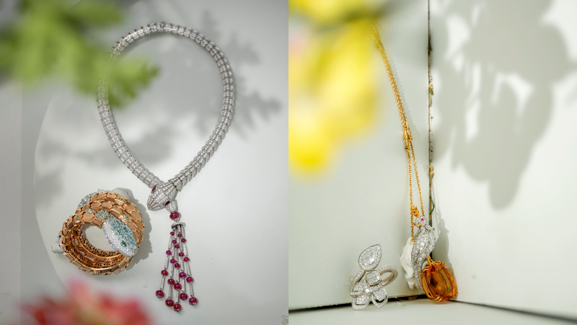 (左圖) Serpenti 手環，玫瑰金、白K 金、碧璽、祖母綠、鑽石；Serpenti 項鍊，白K 金、紅寶石、鑽石，皆為 Bvlgari。 (右圖左) De Beers Metamorphosis 高級珠寶系列 Spring 戒指，18K 白金、鑽石。(右圖右) Tiffany & Co. Jean Schlumberger by Tiffany 高級珠寶系列石上鳥鍊墜， 鉑金、18K 黃金、黃水晶、鑽石、粉色藍寶石。