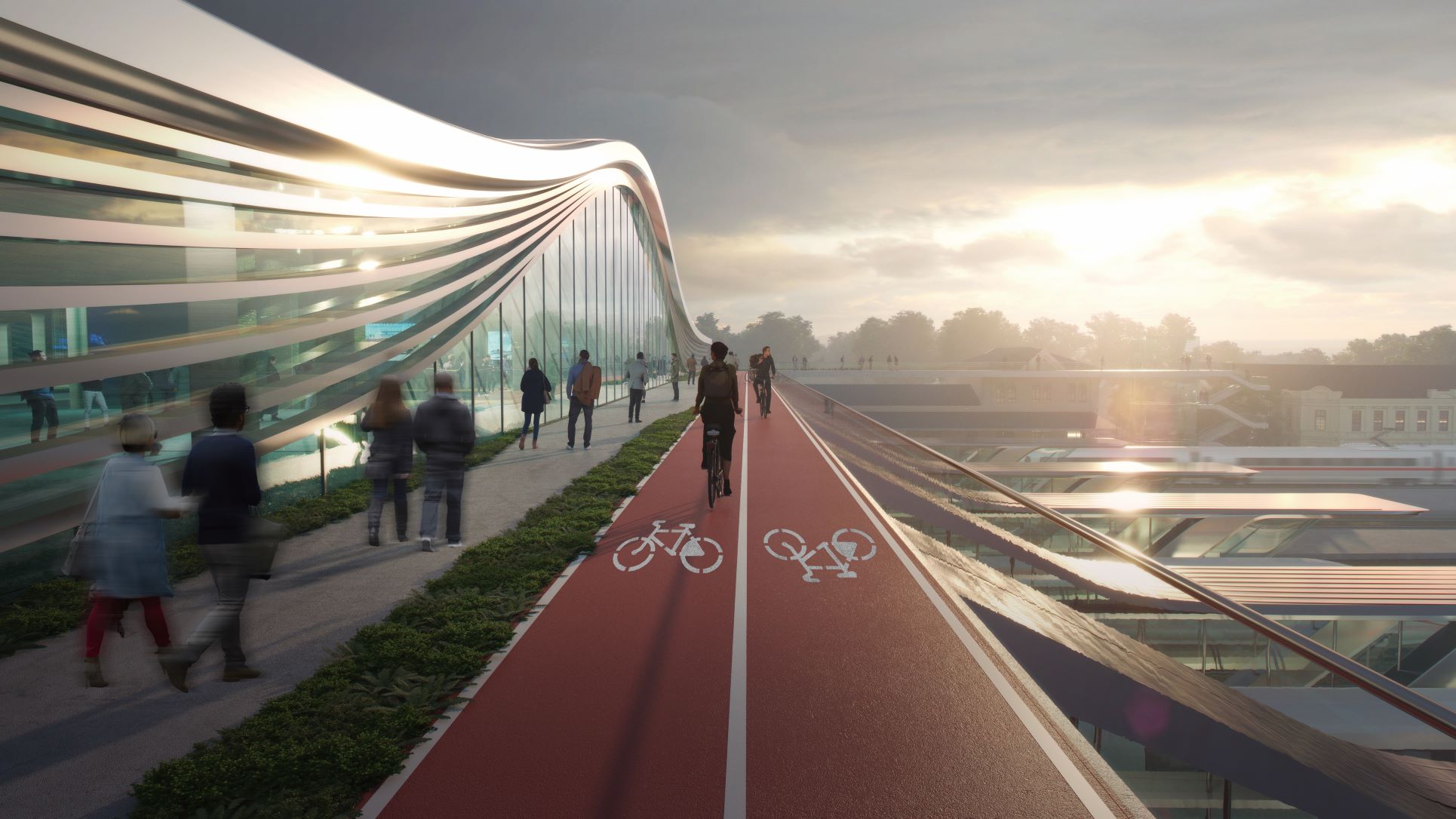 在桥梁站体外特别设计有行人步道和双向式单车道。