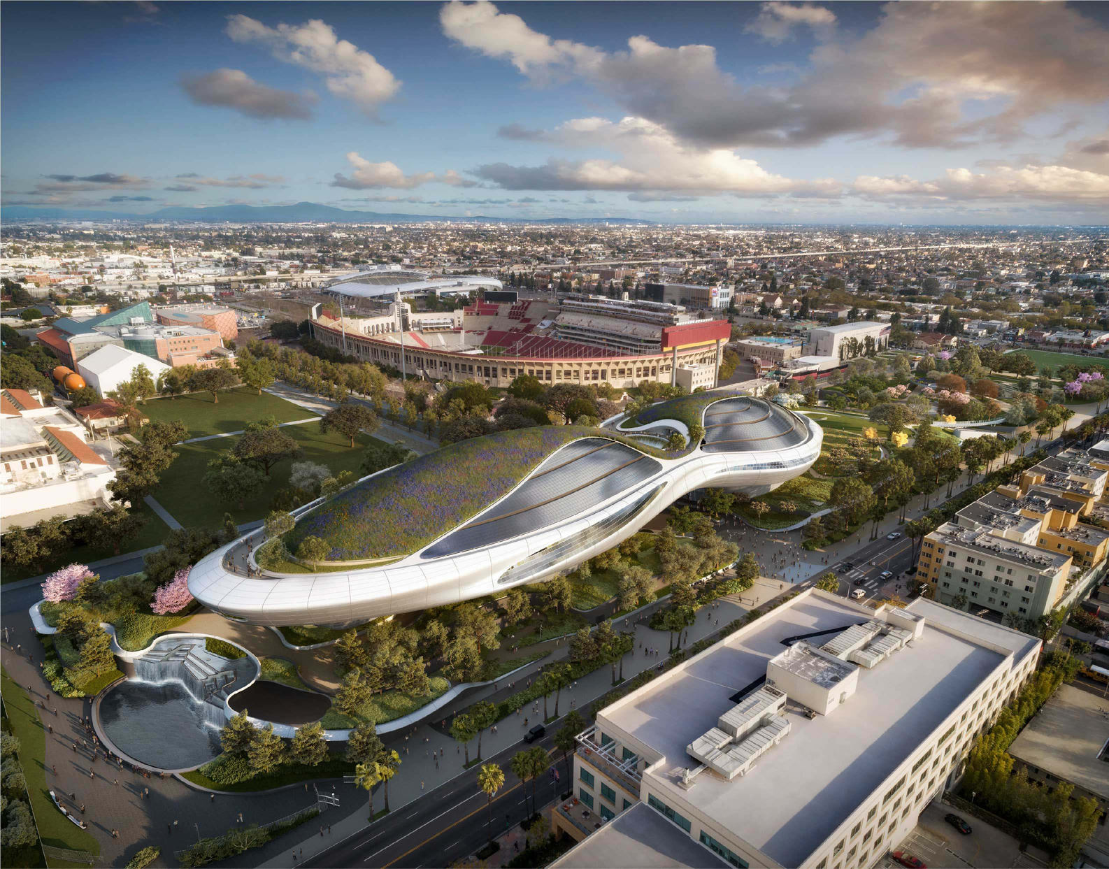 造型前衛大膽的 Lucas Museum of Narrative Art，就像是一艘停靠在洛杉磯博覽會公園的太空飛船。