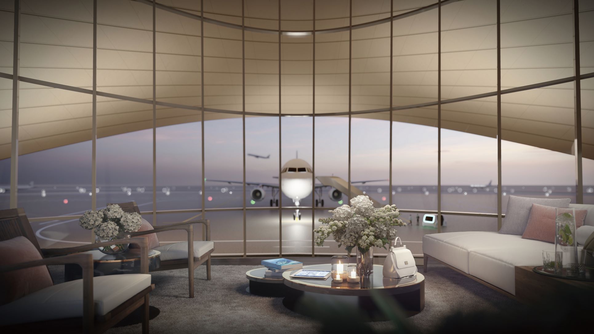 宾客在候机时，能够透过圆弧型的玻璃墙幕，欣赏到飞机在漠地前起飞、降落的景色。