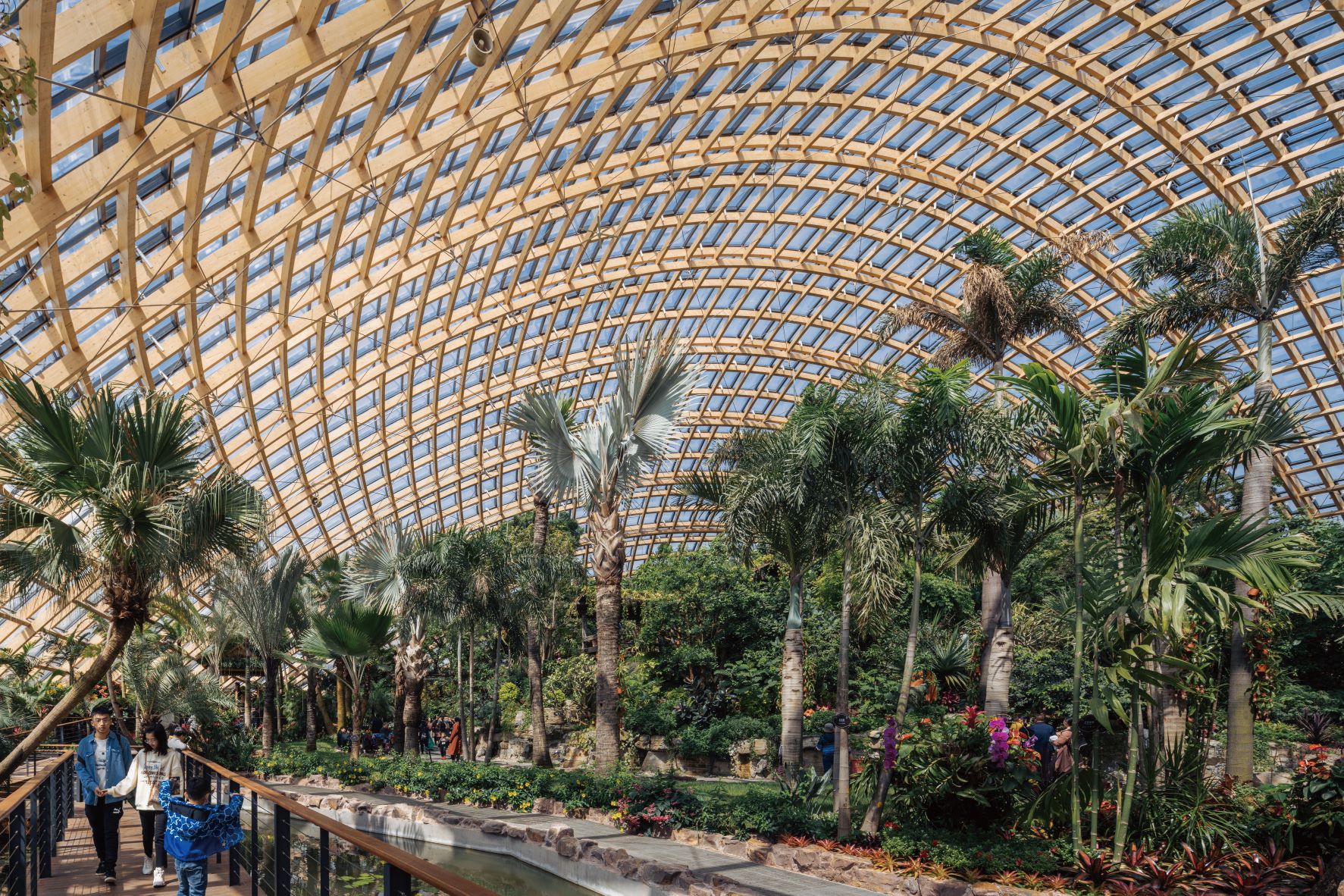 拥有全球最大曲线木格结构的半球体植物园，除了分为热带雨林、沙漠植物、珍稀花卉3个馆区，并且预计将引入 3,000 种植栽。