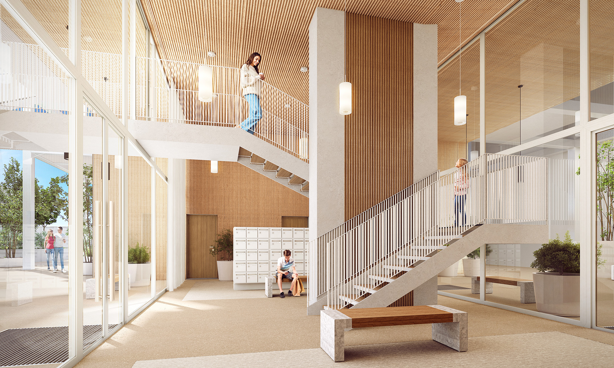 La Serre 白色鋼架外立面也設計有階梯直接通往一樓大廳。
