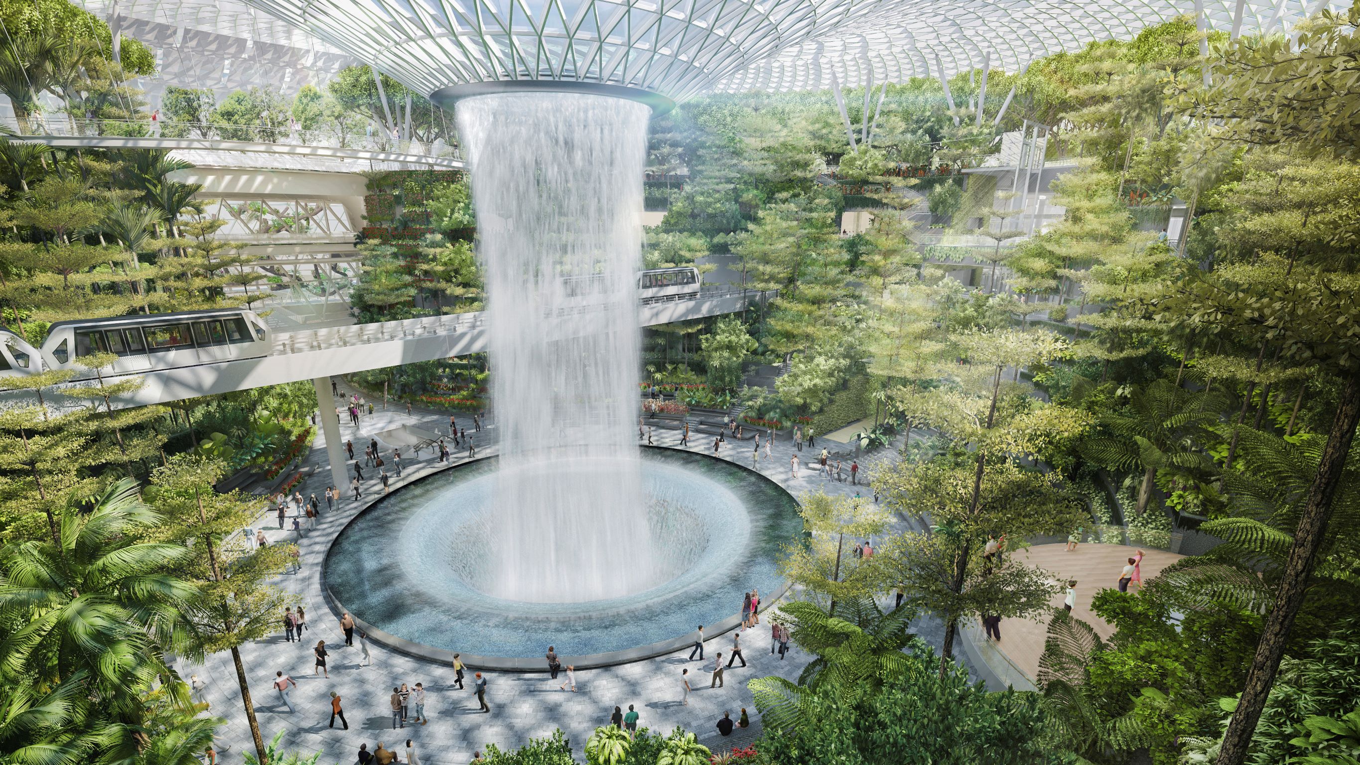 高达 40 公尺的圆柱形瀑布，是 Jewel Changi Airport 最引人注目的设计亮点。