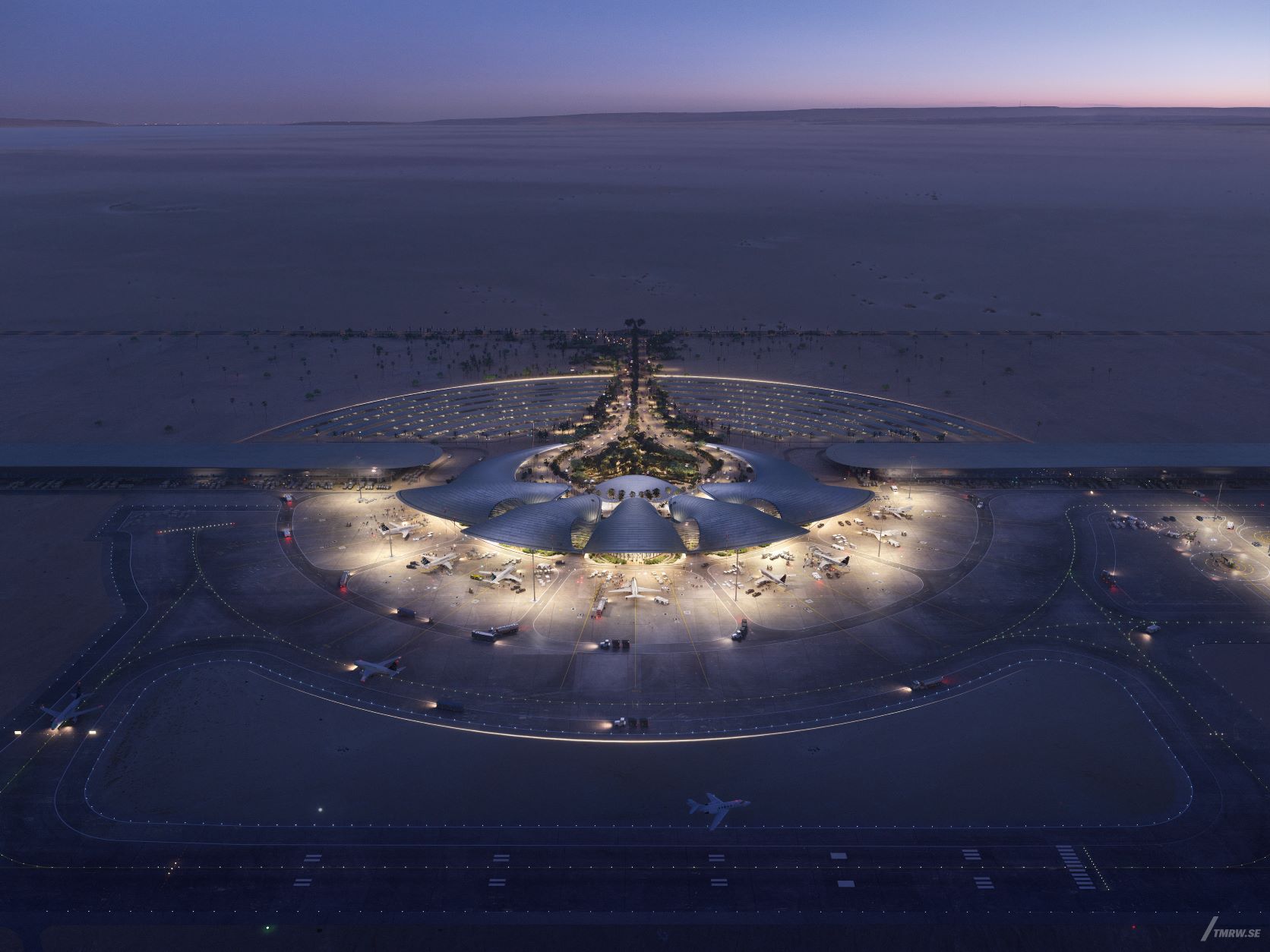 夜里的 Red Sea Airport 也将成为漠地里迎接宾客到来的耀眼之星。