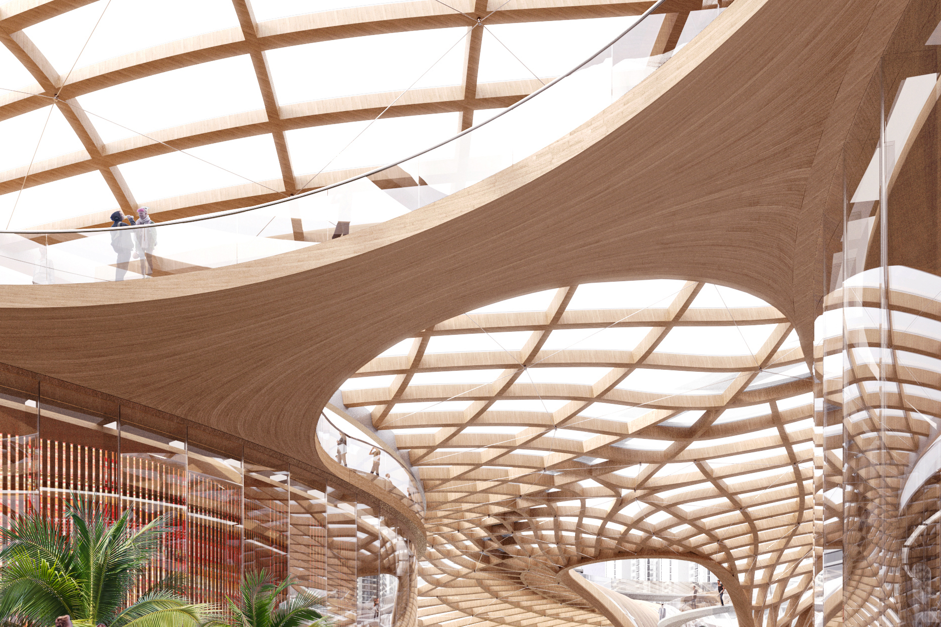 藝術中心裡的木造結構，以有機的流線設計展現自然生長的樣態。