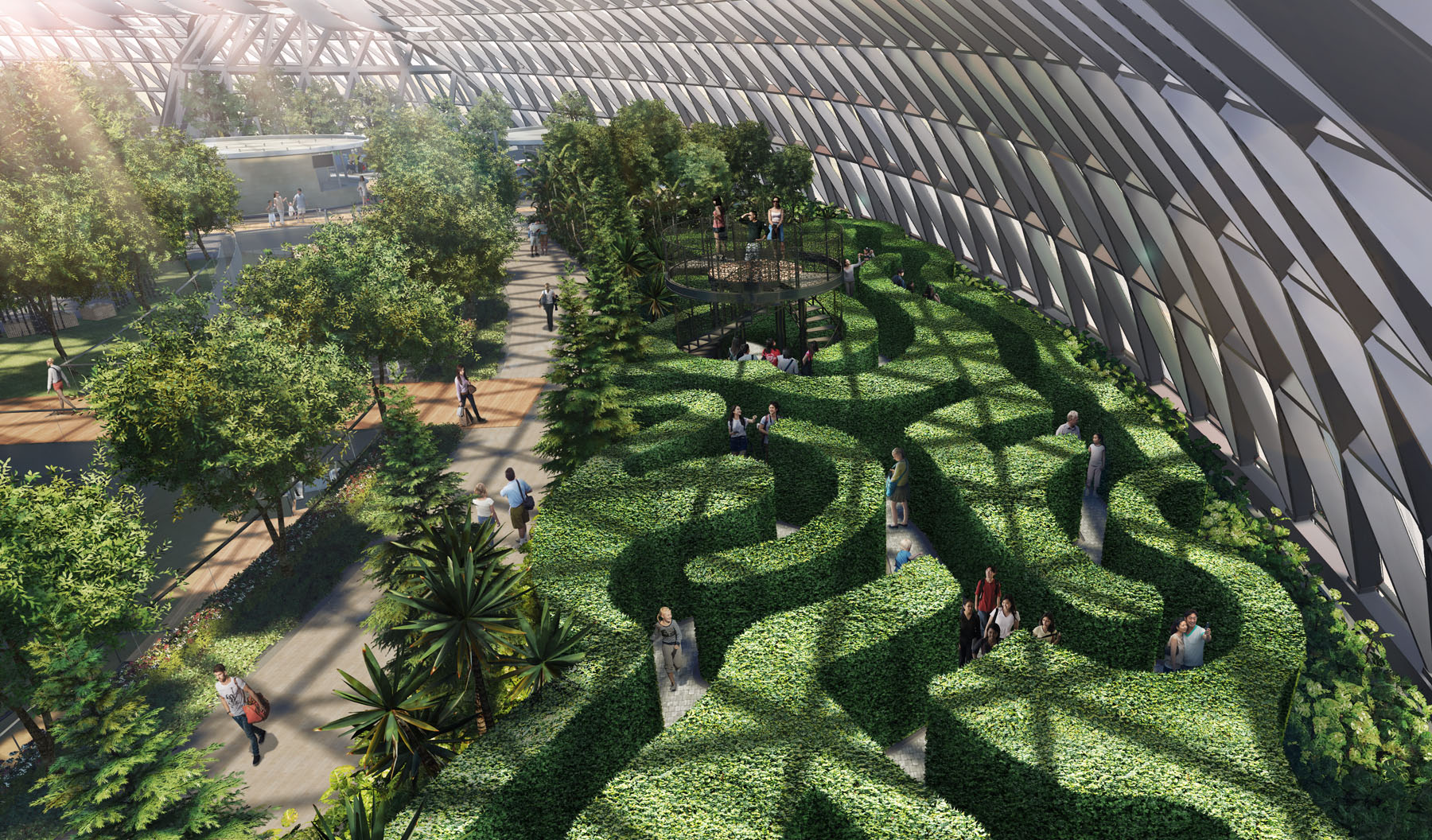 Jewel Changi Airport 以树篱和镜子打造出的迷宫世界（Canopy Mazes）。