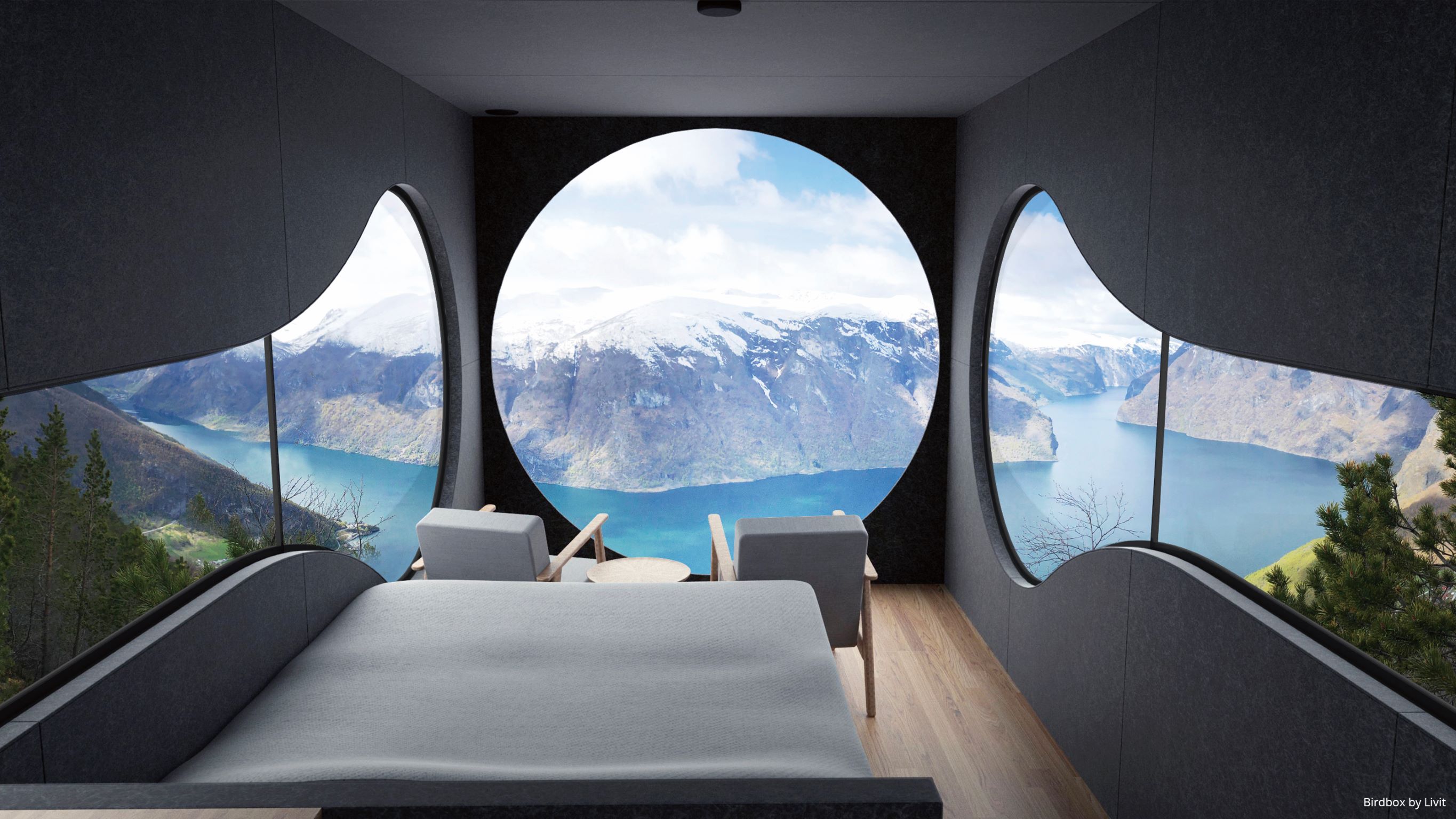 坐落在峡湾山顶上的 Birdbox Adventure Cabin，透过几何窗户坐拥绝美风光