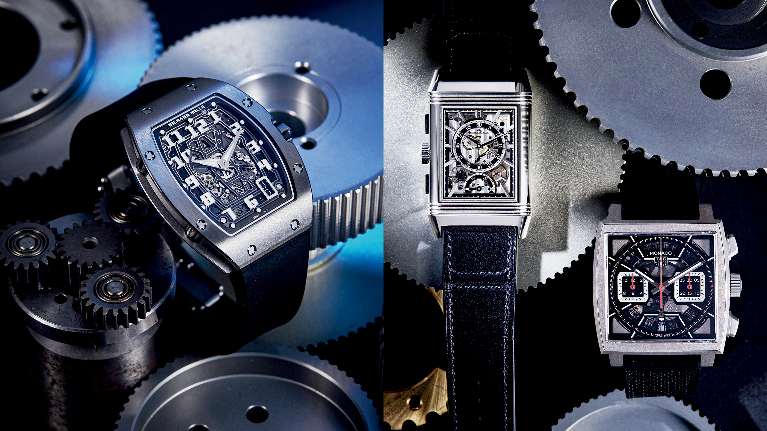 RICHARD MILLE RM 67-01 超薄自动上链腕表、Jaeger-LeCoultre Reverso Tribute Chronograph 翻转系列计时腕表、TAG Heuer Monaco Chronograph 镂空计时腕表。