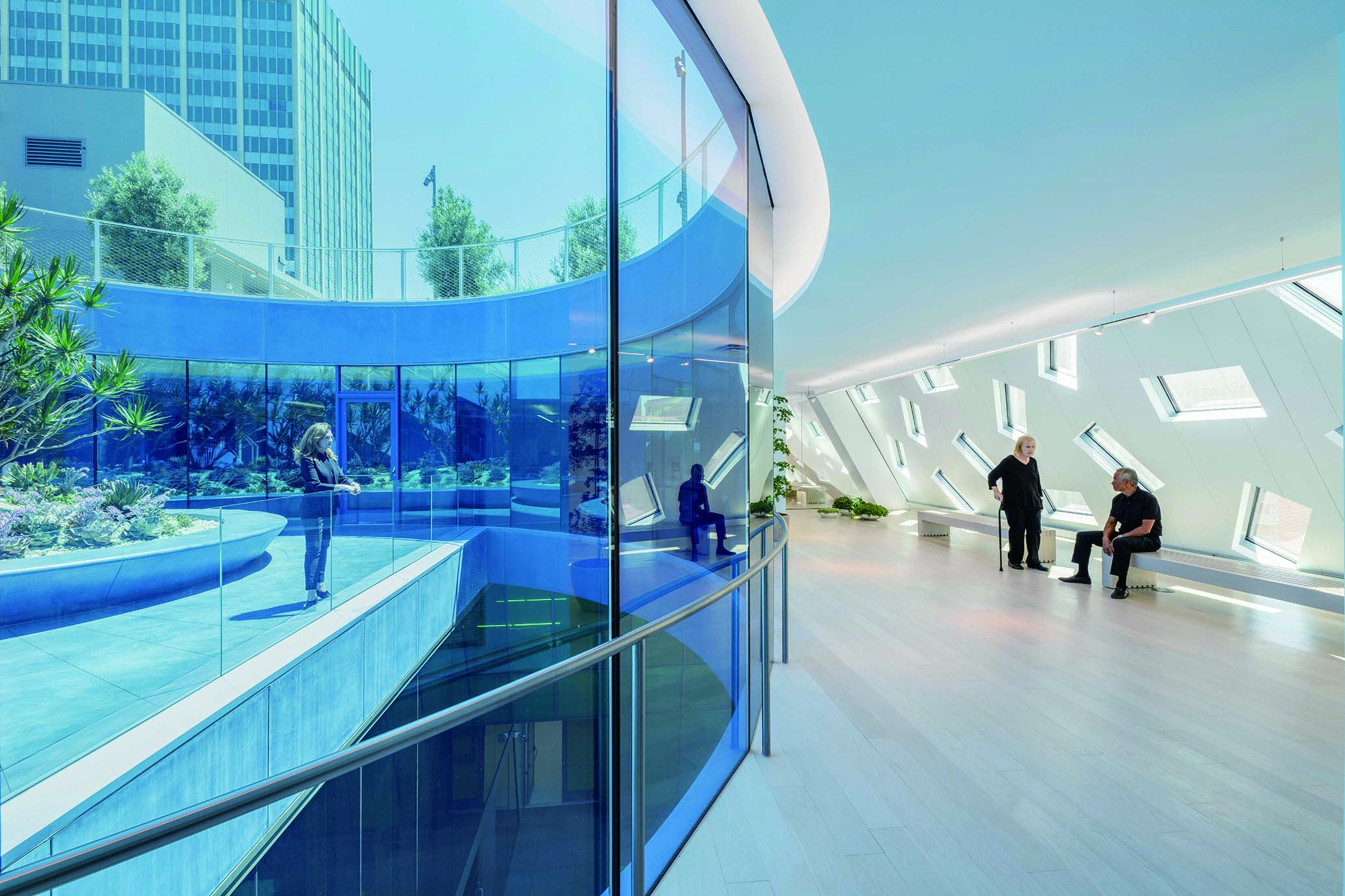 连通屋顶的圆形花园，以蓝色玻璃墙幕沟通室内外空间。