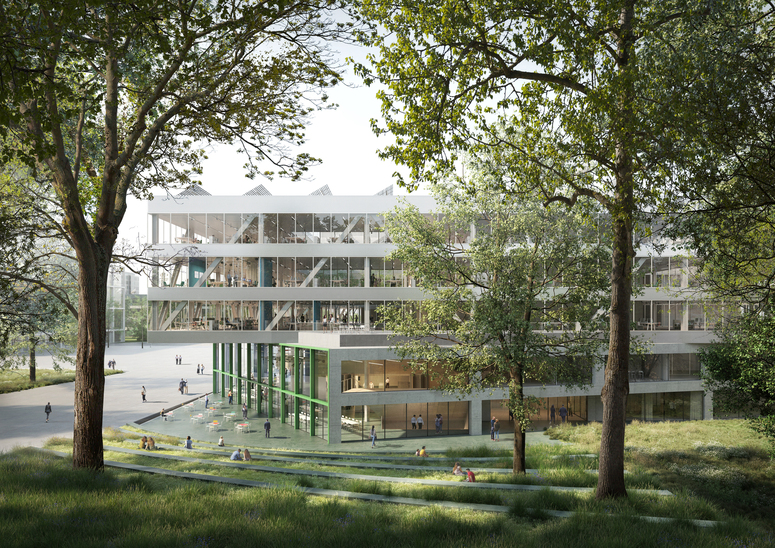 VRT Headquarters 以两个上下堆叠的透明建筑量体，坐拥一旁公园绿意。