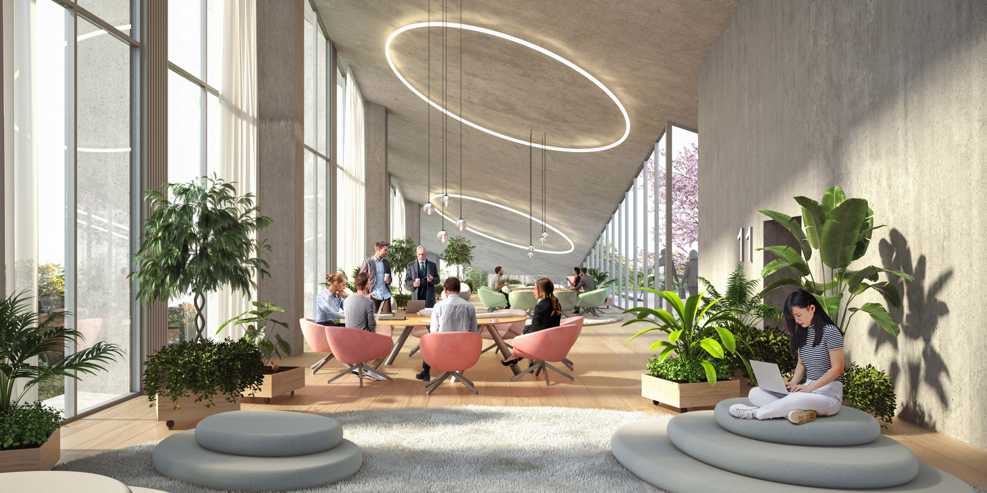建筑内除了设计有开放式的会议空间和休息区，并且将种植大量植栽。