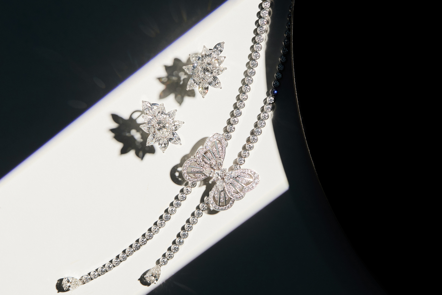 Tiffany & Co. 高级珠宝系列铂金镶钻耳环。 De Beers Portraits of Nature 系列Butterfly 高级珠宝钻石项链。