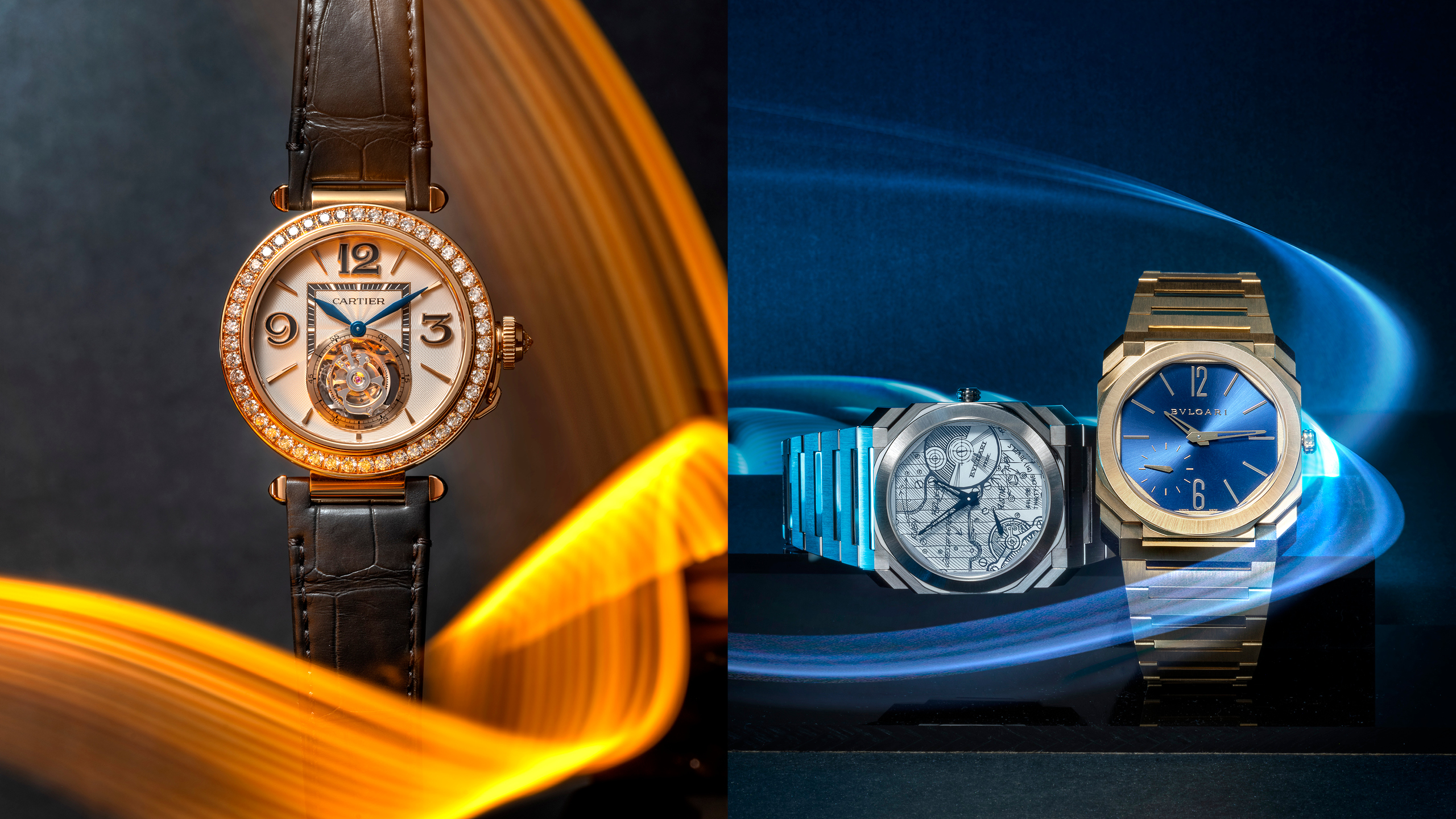 （左）Cartier Pasha de Cartier 腕錶，搭載9552 MC 型手動上鍊陀飛輪機械機芯。（右）Bvlgari Octo Finissimo Automatic 腕錶，搭載超薄自動上鍊機械機芯。