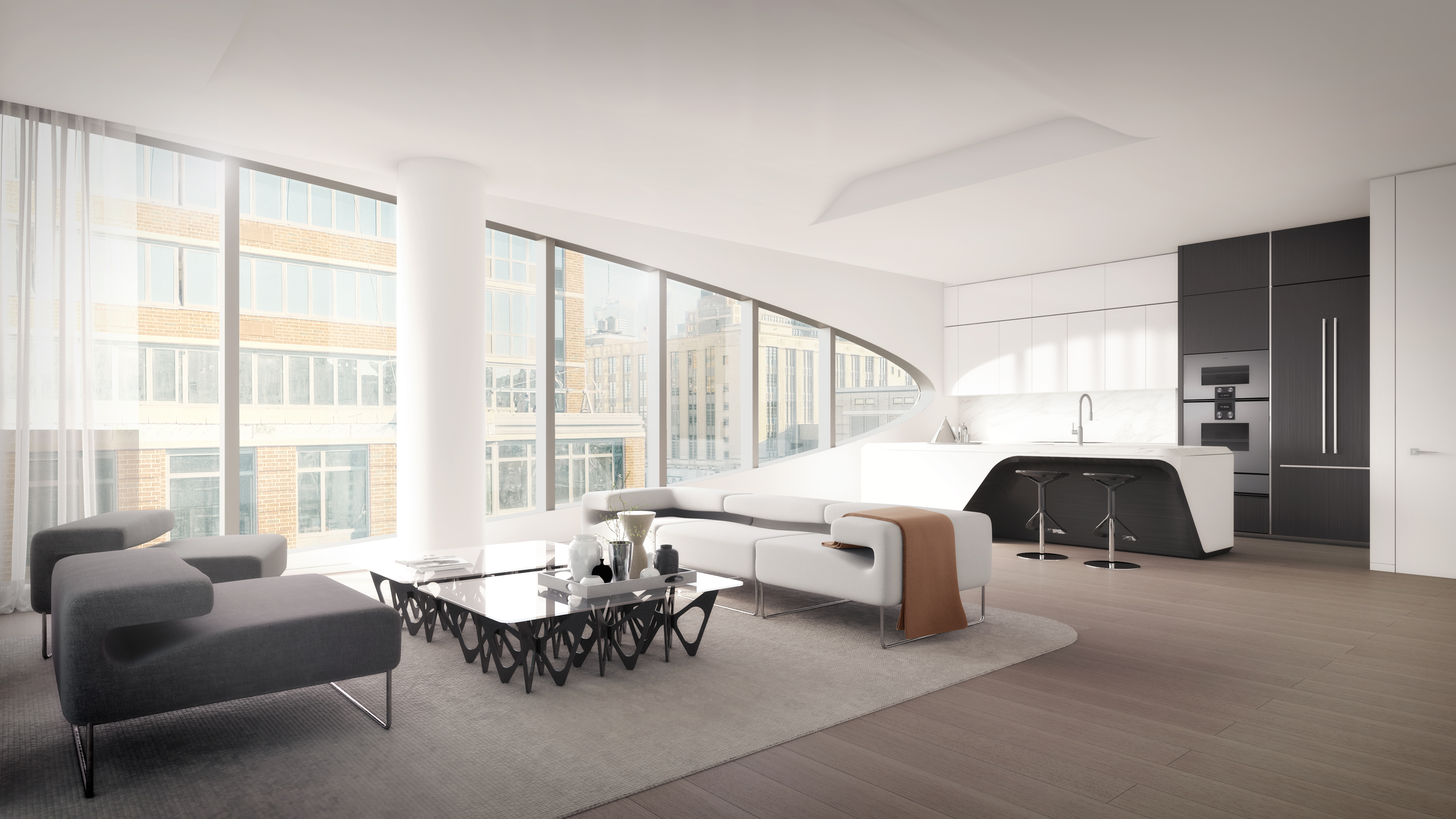 巨大的开窗保证了足够的采光，同时还提供了全方位的观景体验。