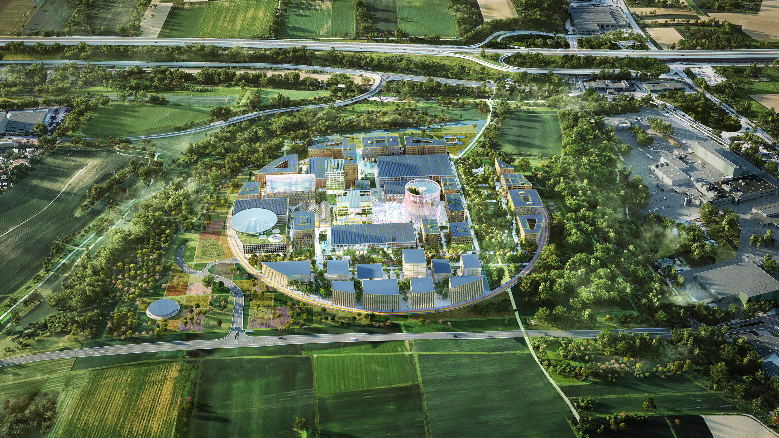 采圆形园区设计的 IPAI Campus，将在各建筑屋顶上装设太阳能电板，以汲取充足的洁净能源。