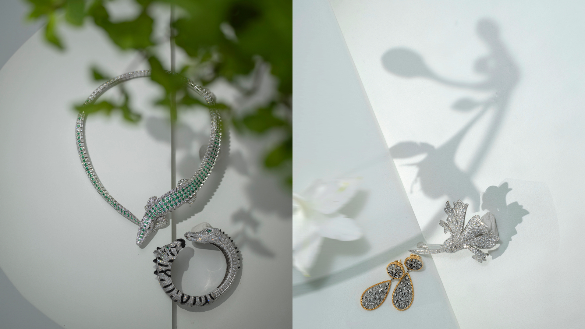 (左圖) Faune et Flore de Cartier 鱷魚項鍊，祖母綠、鑽石； Indomptables de Cartier 斑馬與鱷魚手環，白 K 金、鑽石、祖母綠、縞瑪瑙，皆為 Cartier。(右圖左) Buccellati Ramage 耳環，白金、黃金、鑽石。（右圖右）Chaumet OEillet 胸針，18K 白金、鑽石。