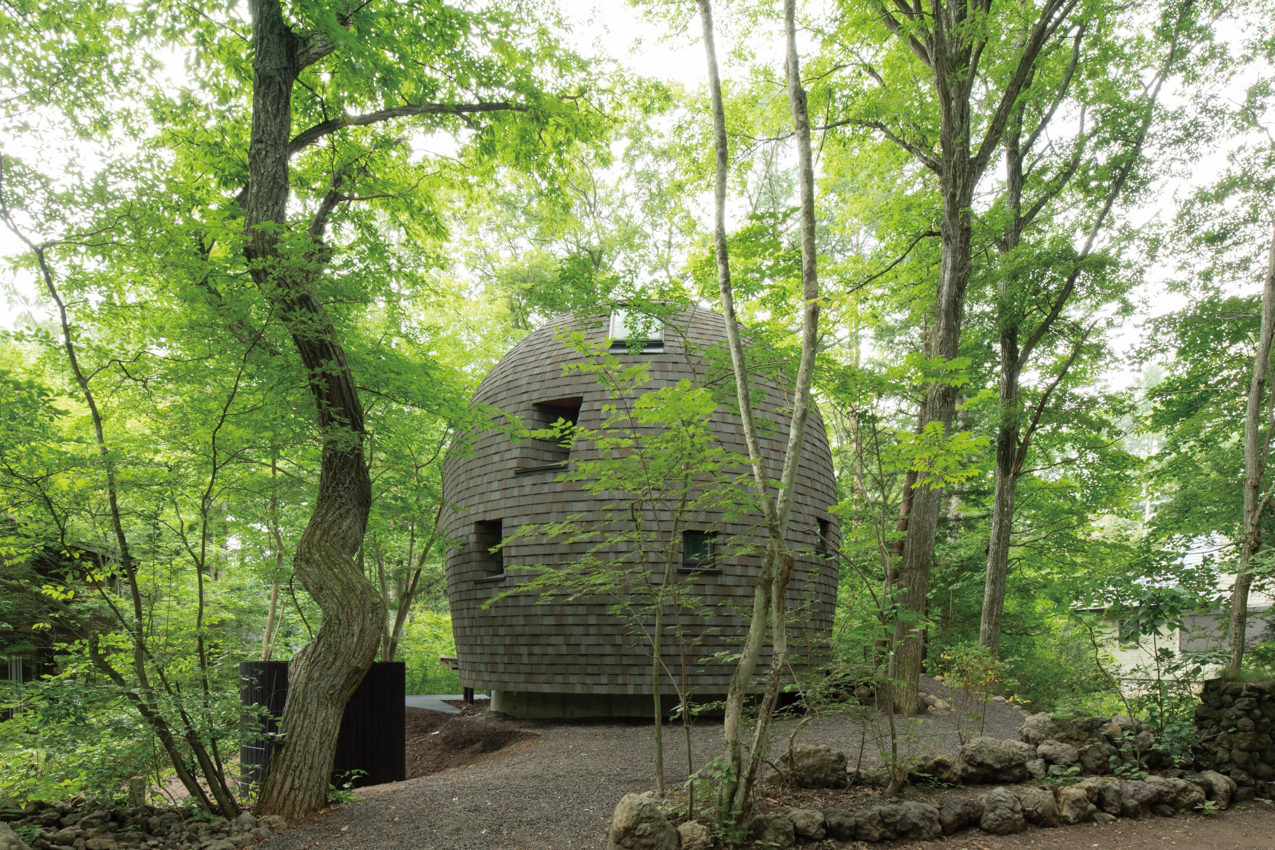 圆弧形的建筑体，搭配上调和自然色彩的木片外墙，让 Shell House 化身为森林里的童话建筑。