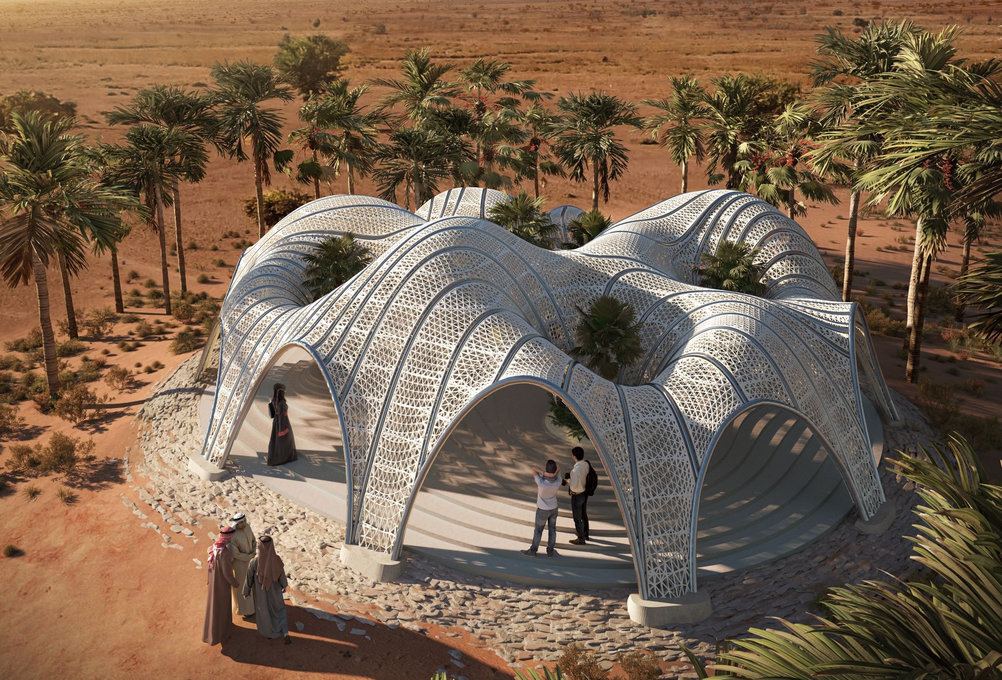 Desert Pavilion 在每个光井里都将种植漠地植栽，以营造绿洲意象，同时调节凉亭里的微型气候。